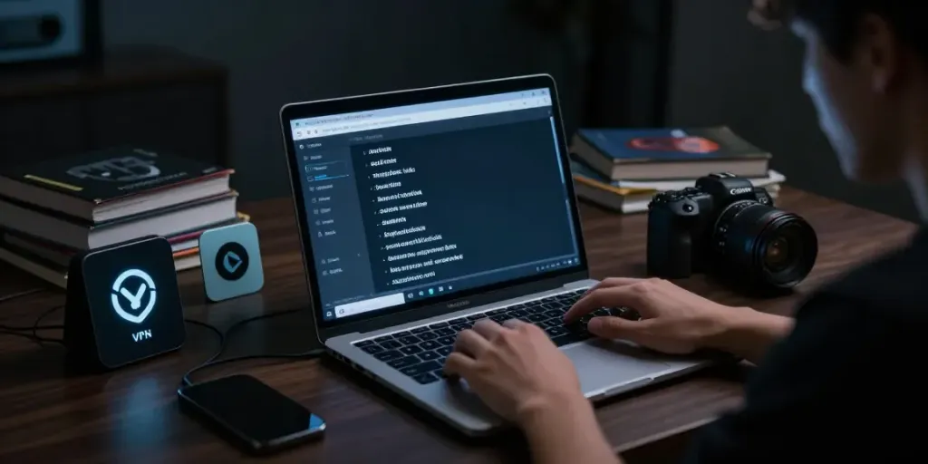 Person accessing the hidden wiki dark web on a laptop with cybersecurity tools.