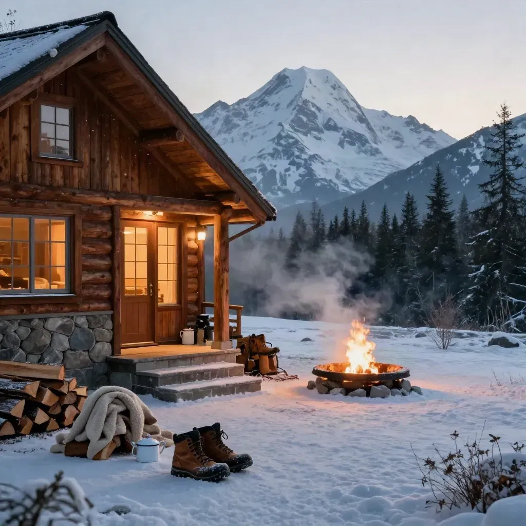 Snowy alpine cabin exterior with boots, firewood, coffee set, and dawn glow.