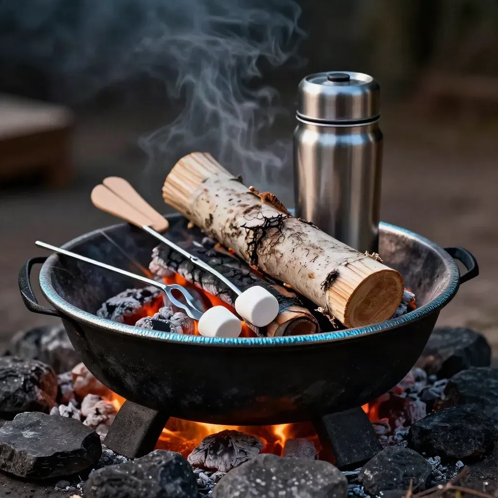 Cast-iron s'mores kit, cocoa thermos, forks and birch logs glowing at a fire bowl