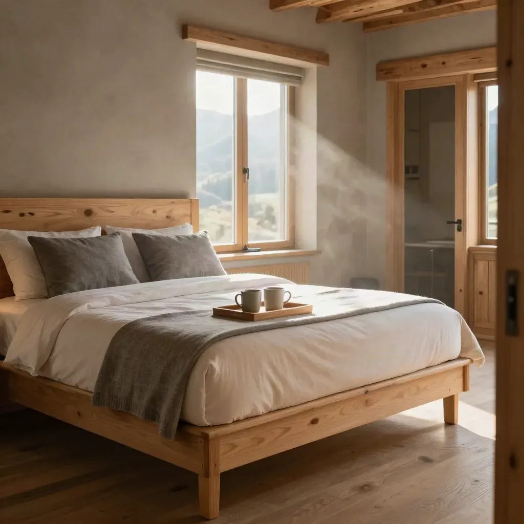 Cream bedding and pine headboard in a calm lodge room with mugs and a wool throw at morning light.