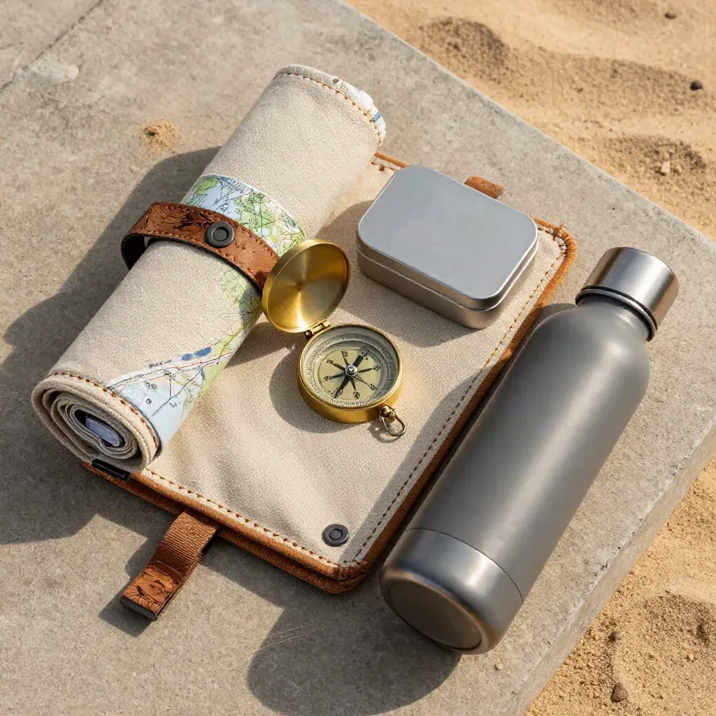 Overhead macro flatlay of trail guide kit with map folio, compass, lunch tin and bottle on concrete