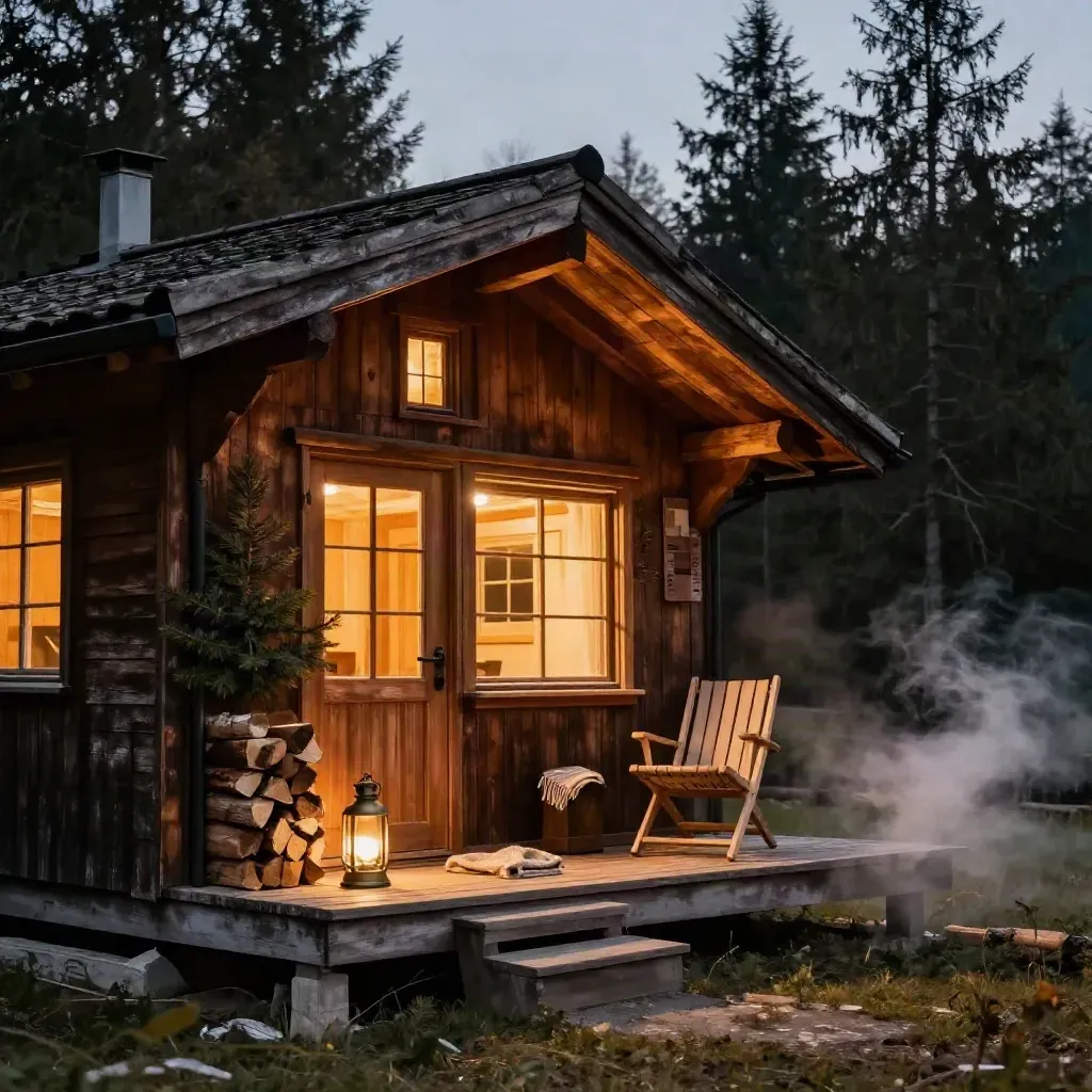 Glowing alpine cabin facade with lantern, chair, kindling, and folded blanket at dusk.