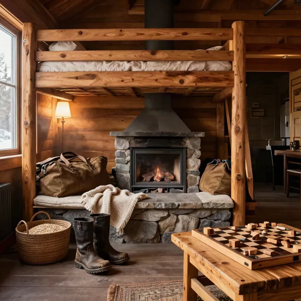 Cozy cabin family room with duffels, bunk nook, blanket basket, boot tray, and hearth