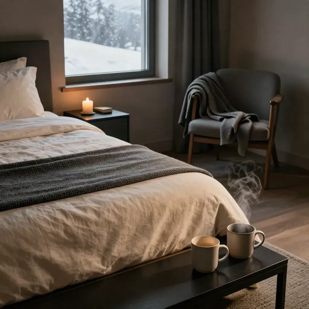 Moody lodge bedroom setup with queen bed, steaming mugs, candles, robe, and folded throw by a window.