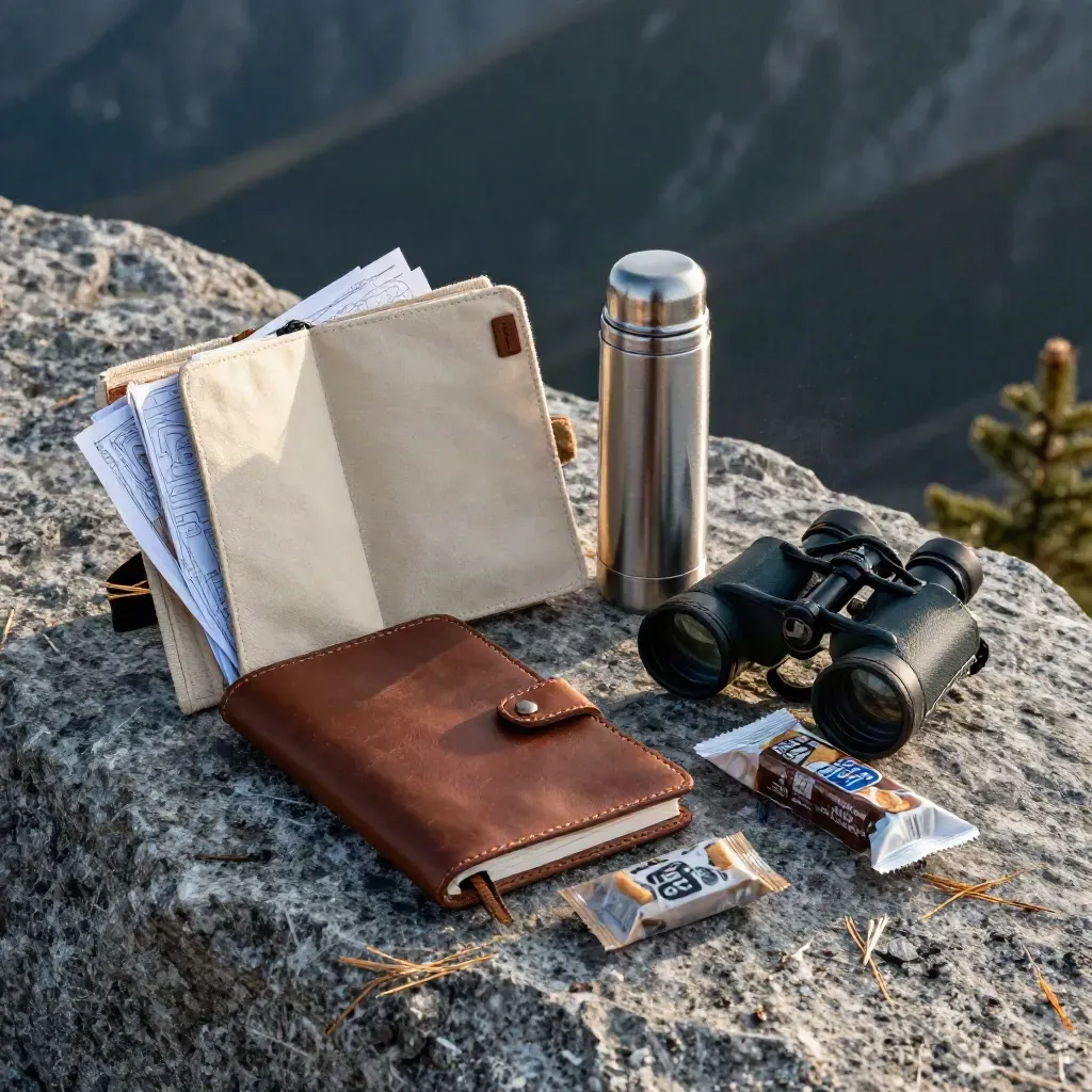 Leather map folders, thermos, binoculars, and snacks arranged on a granite ledge.