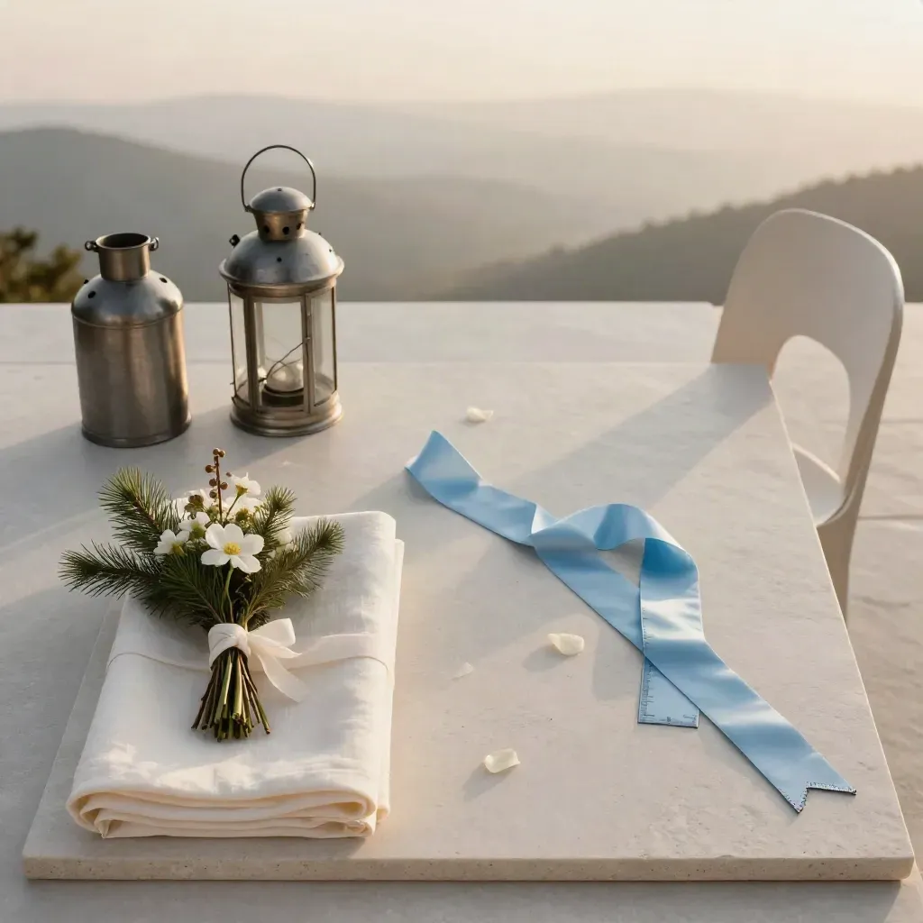 Overhead alpine wedding flatlay with linen, lantern, ribbon and florals on pale stone