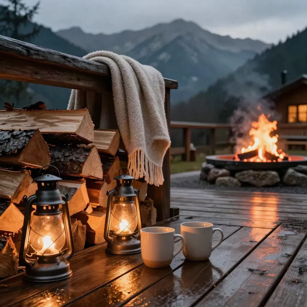 Sunset deck scene with firewood, lanterns, cocoa mugs, a wool throw, and a glowing fire pit.