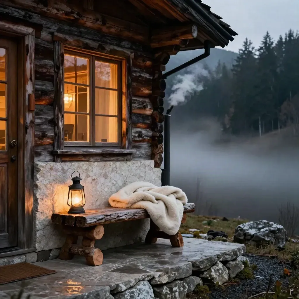 Rustic cabin entry vignette with glowing window, logs, lantern, and folded blanket in cool evening mist.