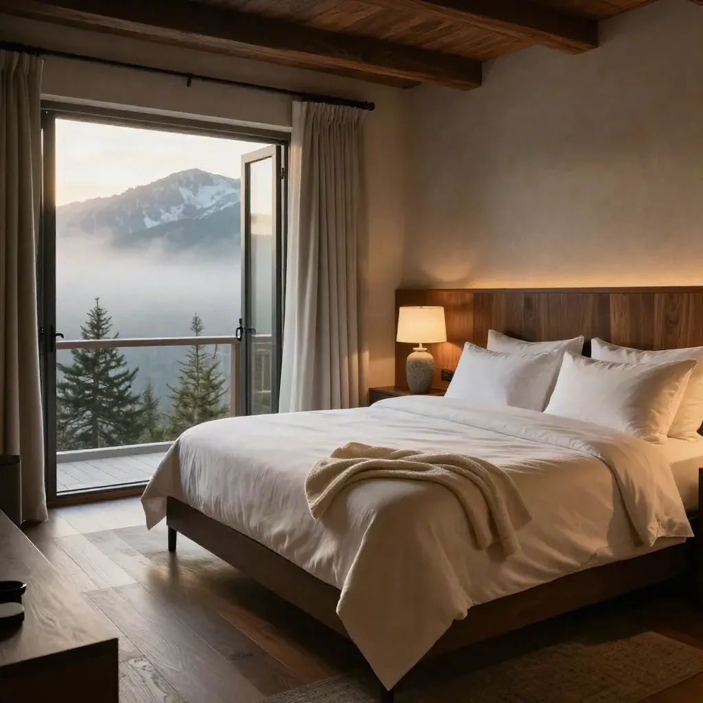Queen bed in a serene lodge room with lamp, robe, and open window to mountain air.