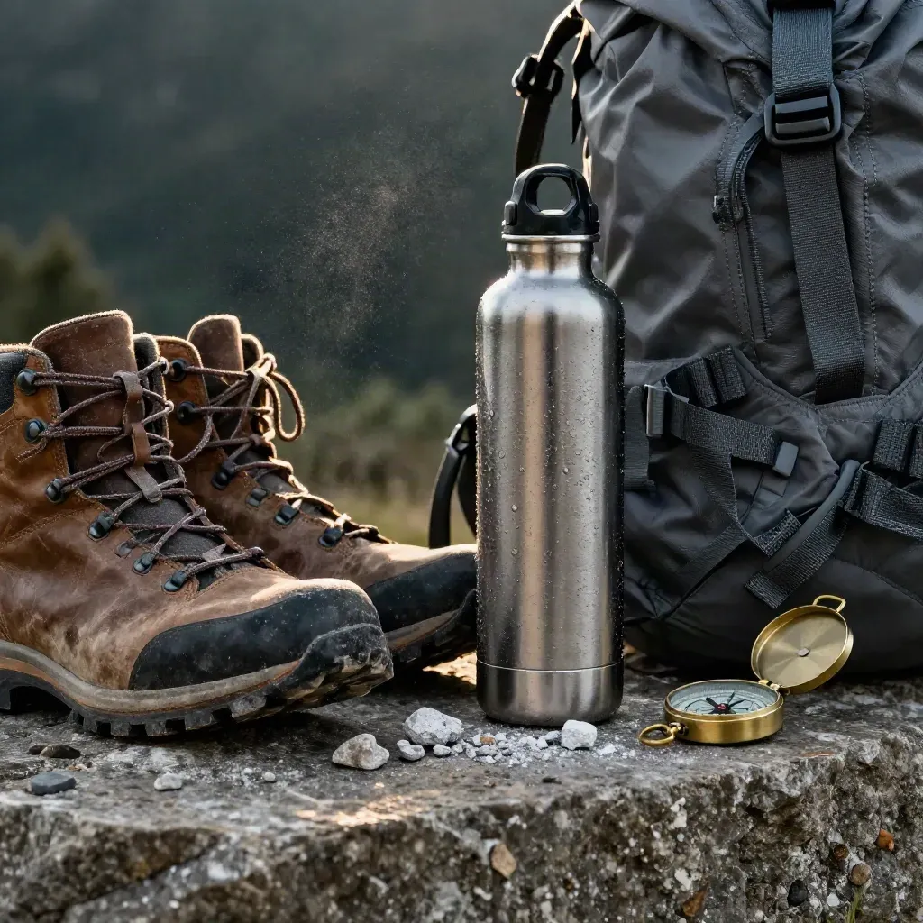 Trail boots, shell, bottle, compass and pack on a stone ledge, dusted and ready for a guided hike.