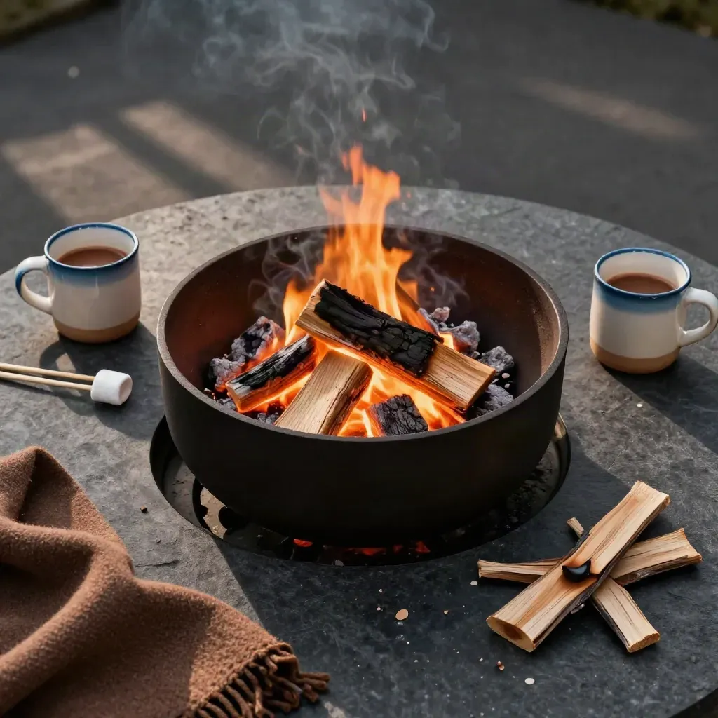 Overhead fire pit flatlay with glowing bowl, mugs, marshmallow sticks, birch chips, and smoke.