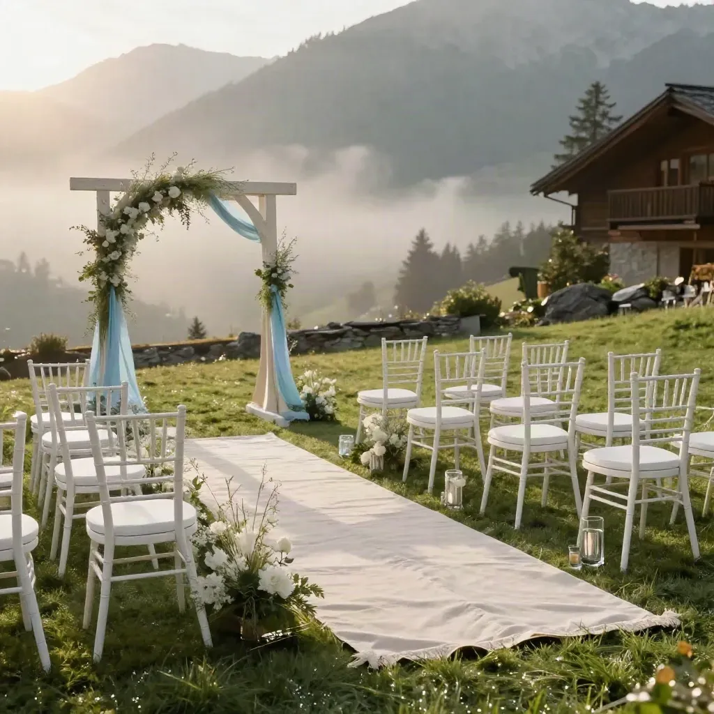 Ceremony chairs, arch, and linen runner on a quiet alpine wedding lawn at dusk.