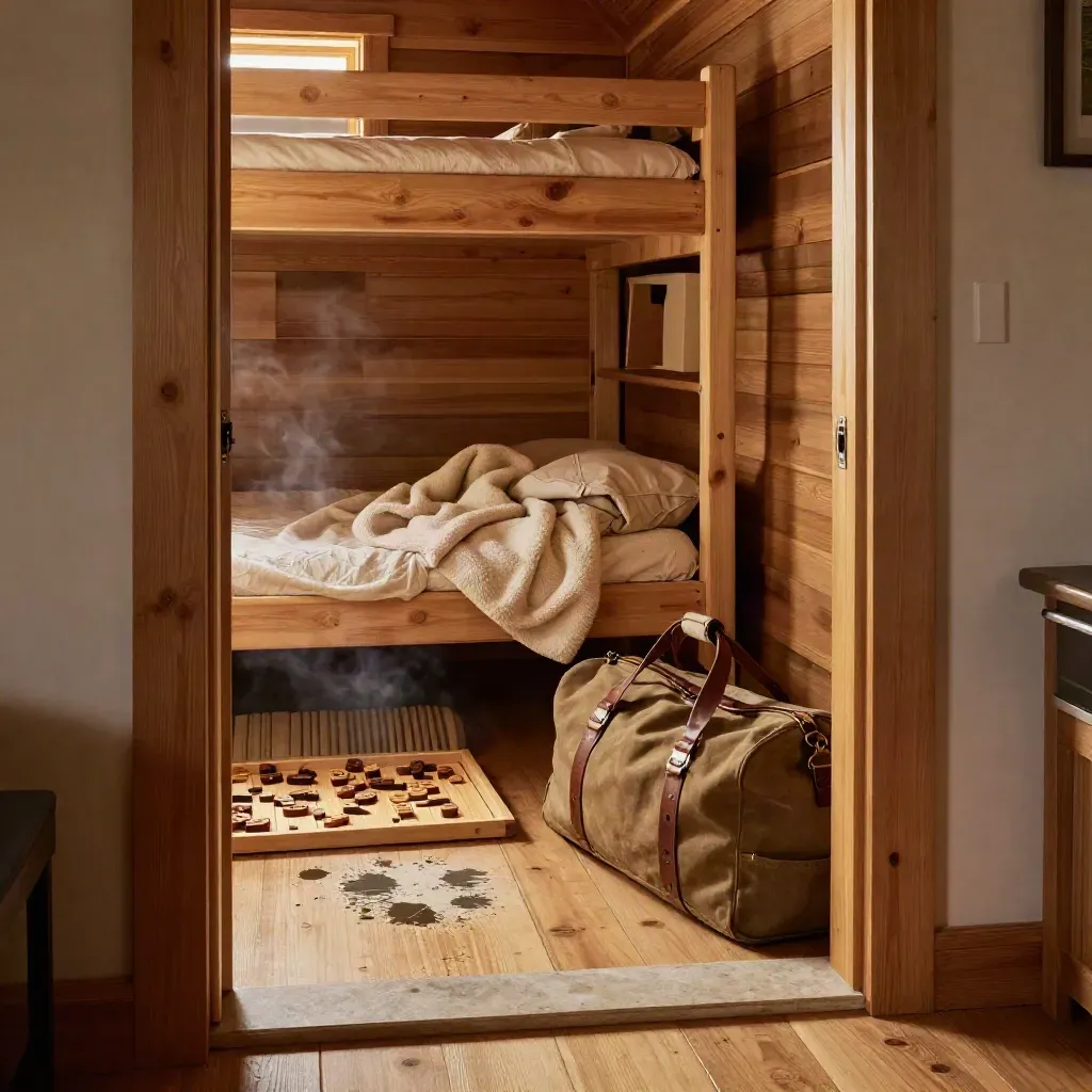 Cabin interior with duffels, boot tray, bunk nook, and board game in warm lamp glow.