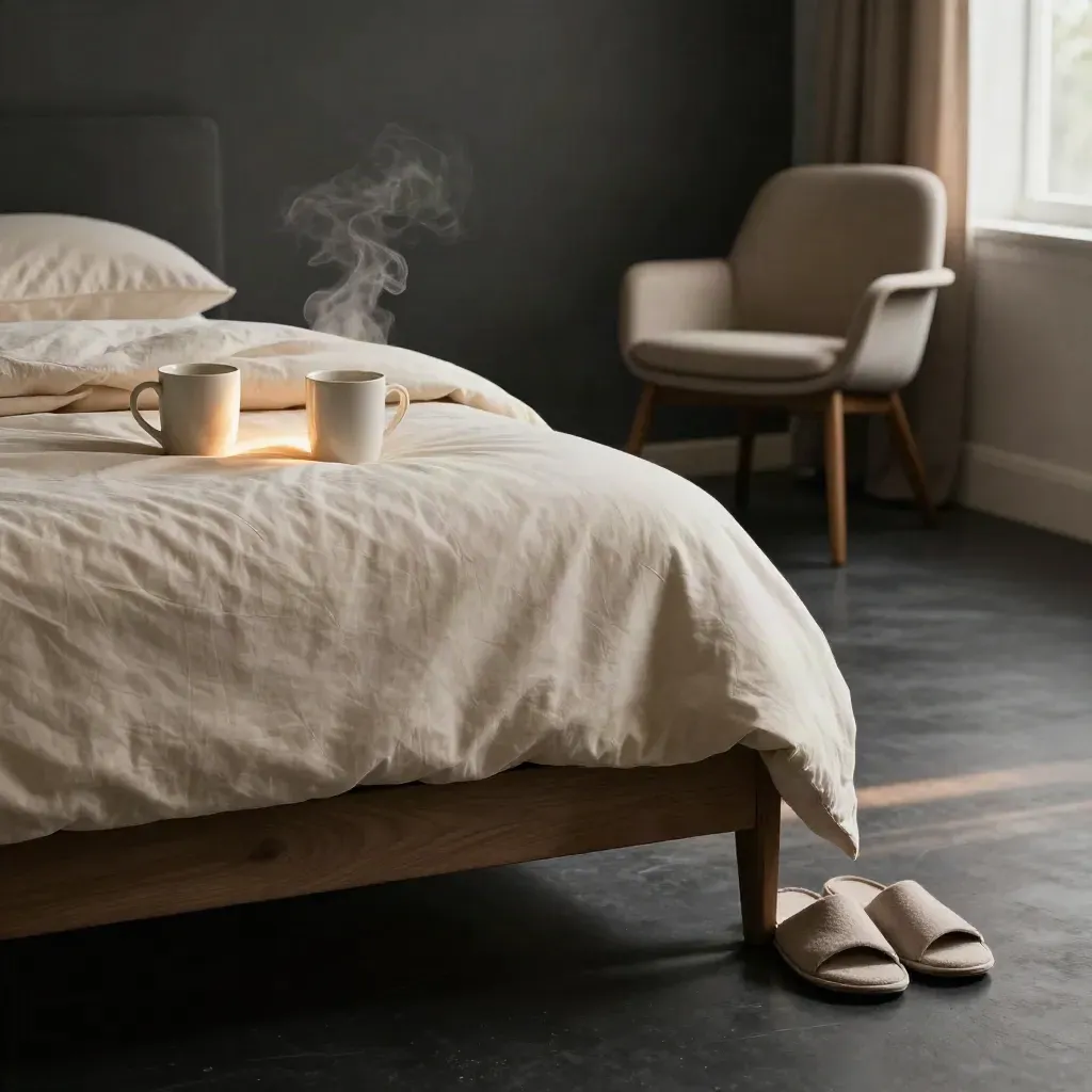 Cozy cabin bedroom corner with mugs, blanket, slippers and a chair by the window.