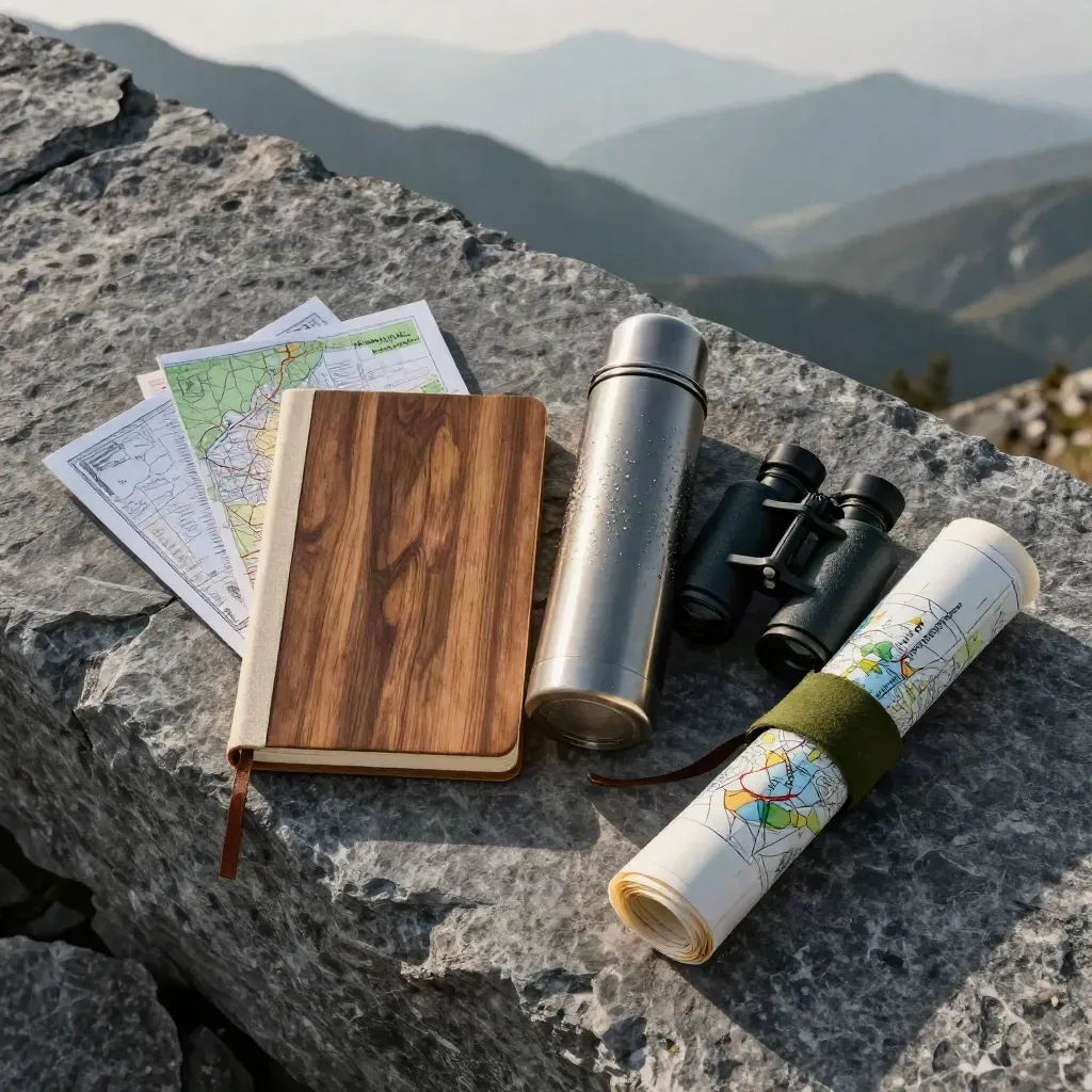 Trip plan gear on stone: notebook, thermos, binoculars, route cards, and map.