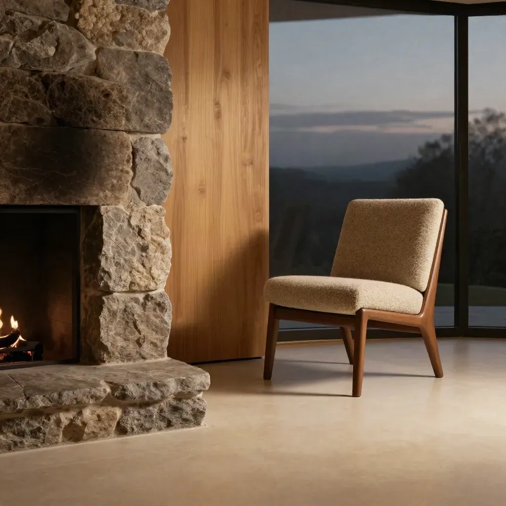 Moody lodge lounge with stone hearth, oak wall, wool chair, and calm copy space