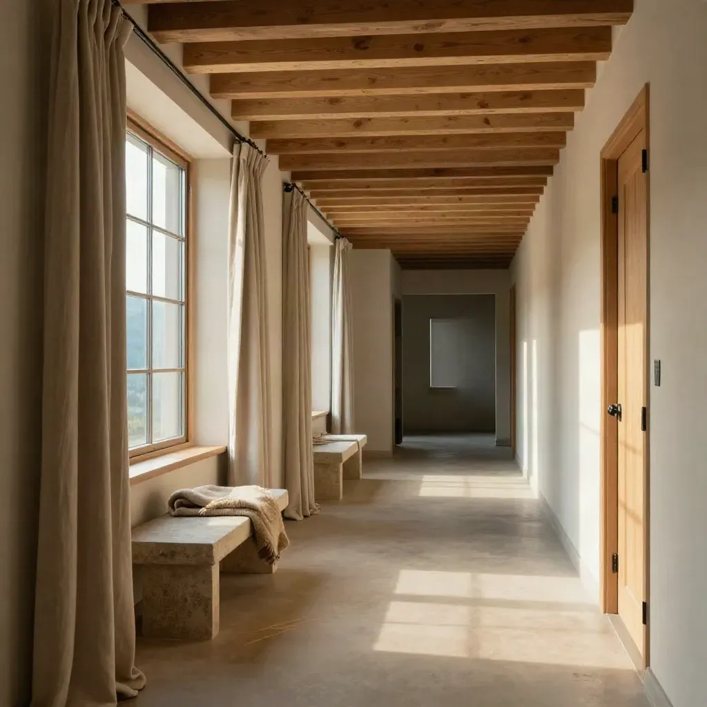 Sunlit lodge corridor with timber beams, linen drapery, and a calm limestone floor.